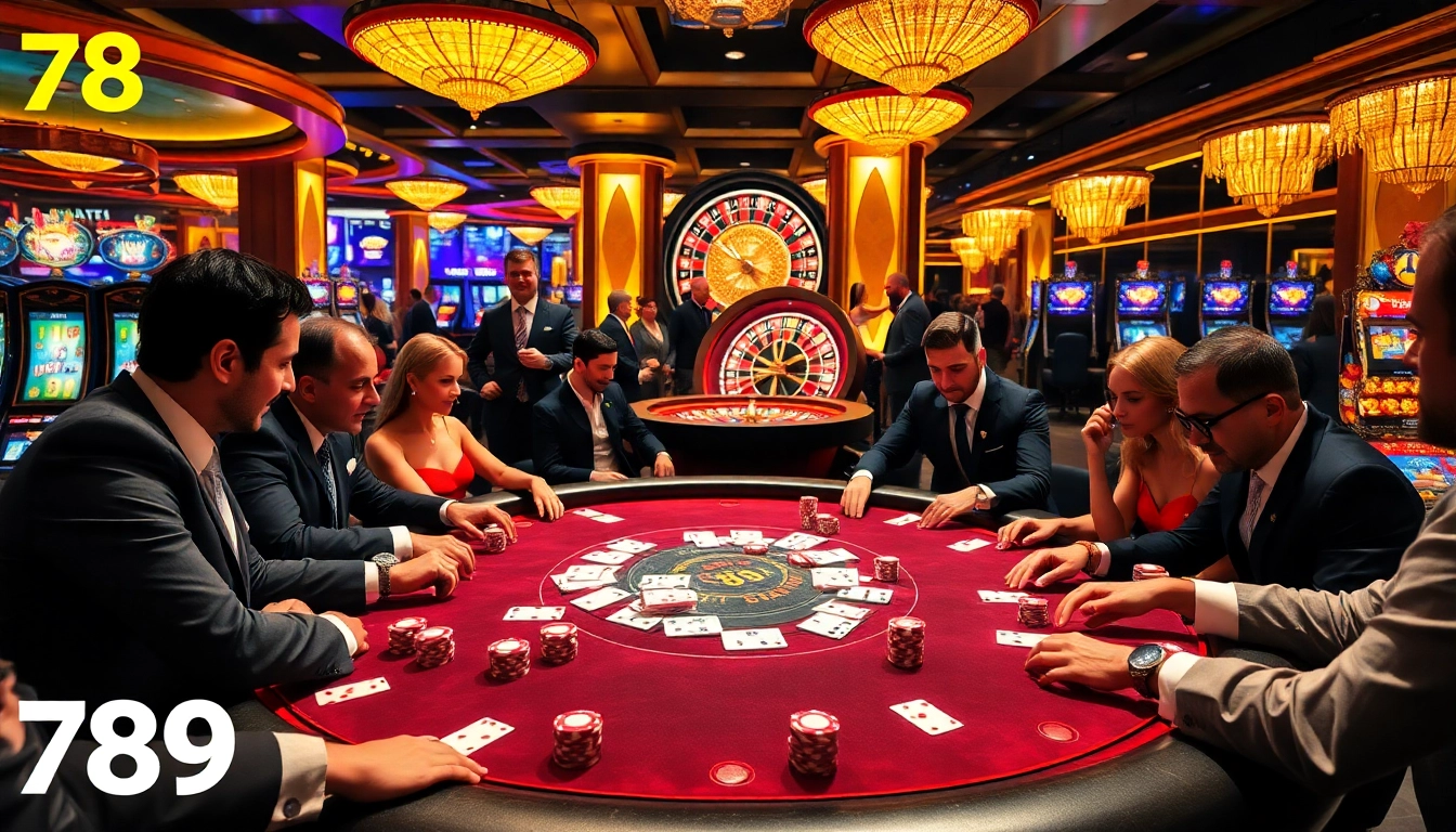 A vibrant casino scene showcasing players at a poker table while engaging with 789 bet themed gaming elements like chips and cards.