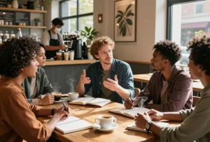 Men's group discussion in a cozy cafe, promoting the manclub community.