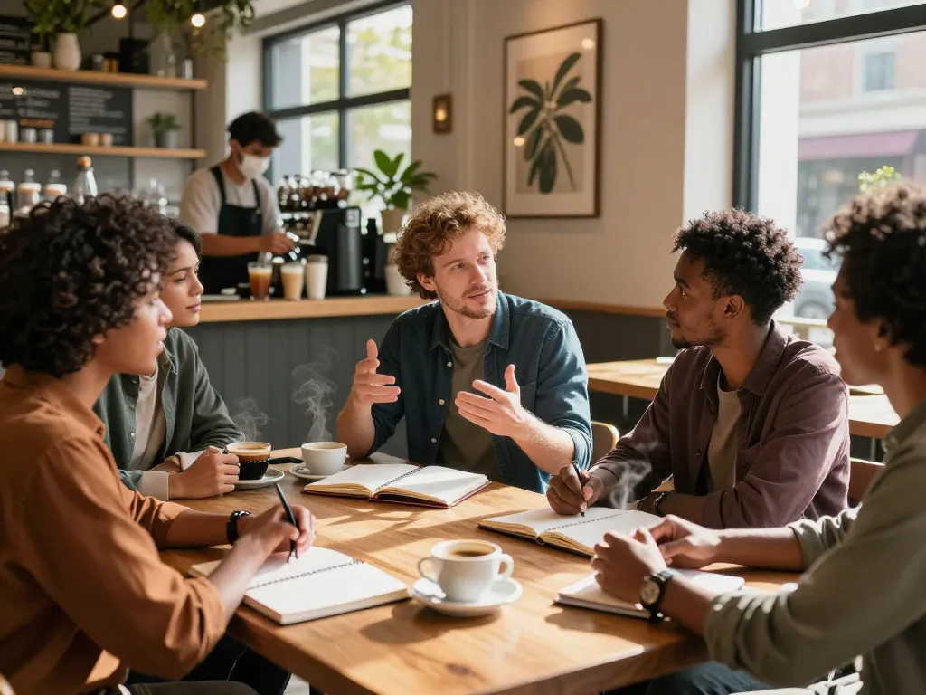 Men's group discussion in a cozy cafe, promoting the manclub community.