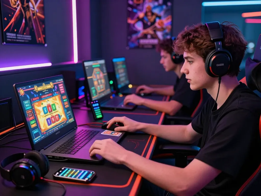 Engaging scene of a young adult playing online rikvip card games on a laptop in a vibrant gaming setup.