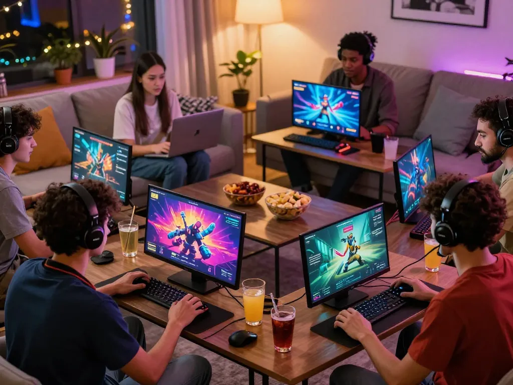 Friends enjoying online games on rik vip platform with vibrant atmosphere