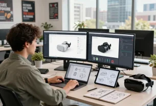 Interactive workspace with 3D product configurator software displayed on dual monitors, showcasing innovative design and technology.