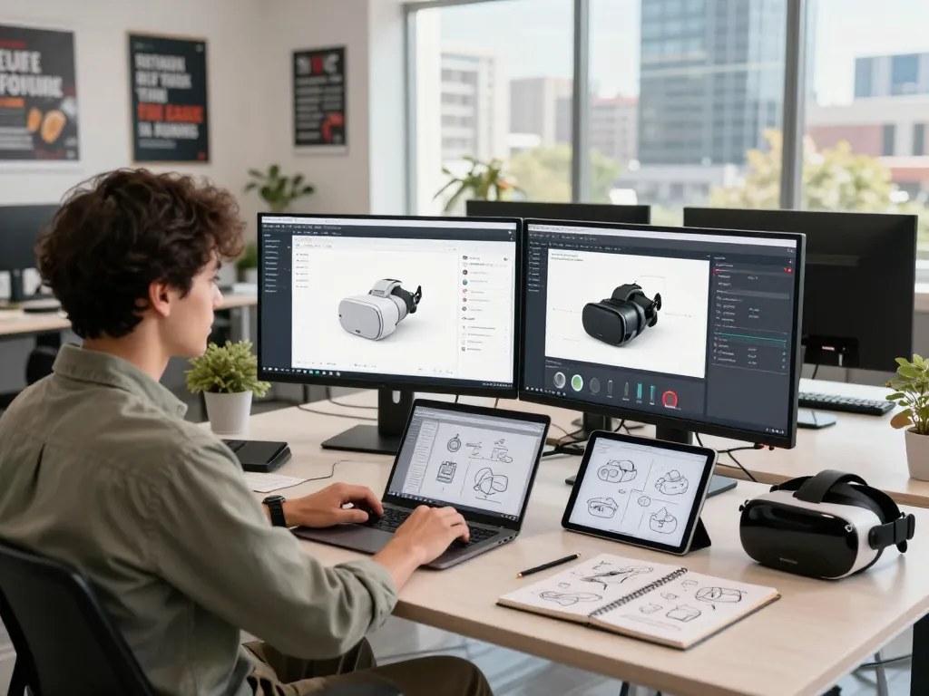 Interactive workspace with 3D product configurator software displayed on dual monitors, showcasing innovative design and technology.
