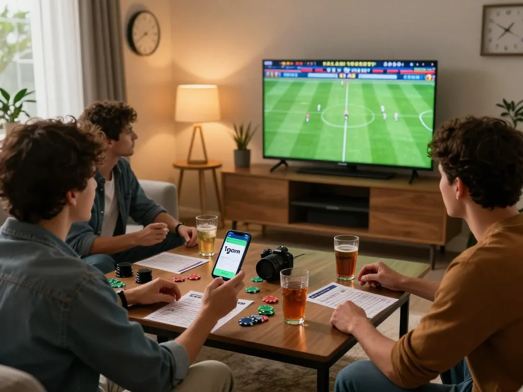 Friends enjoying sports betting with 1gom odds while watching football.