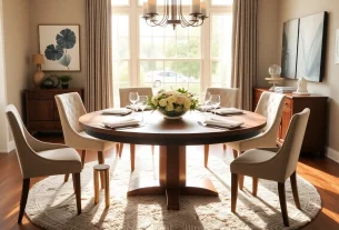 Round dining table made from solid walnut, elegantly set in a modern dining room with natural light.
