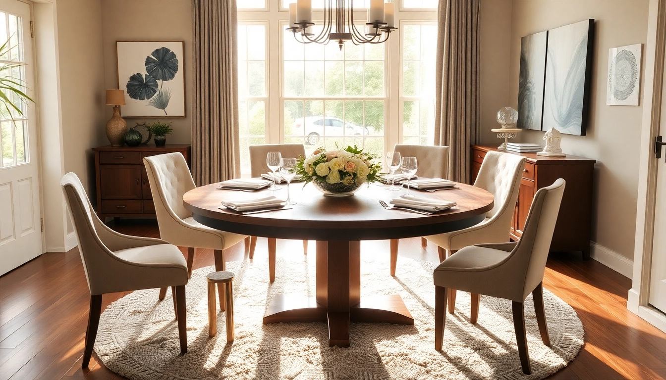 Round dining table made from solid walnut, elegantly set in a modern dining room with natural light.