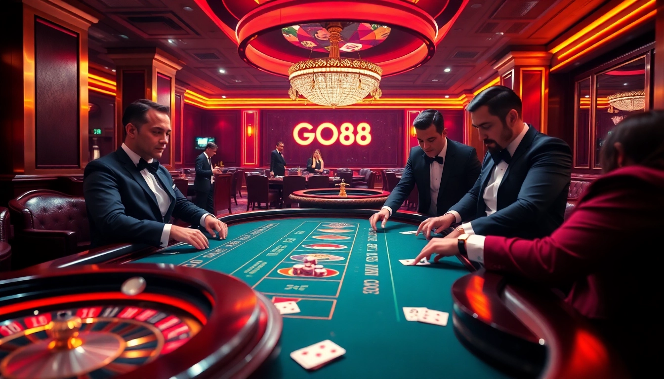 Players engaging in an intense poker game at the GO88 casino table, surrounded by poker chips and cards.
