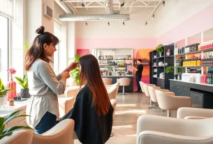 Dynamic view of a modern ヘアサロン with stylist and client, capturing creativity and professionalism.