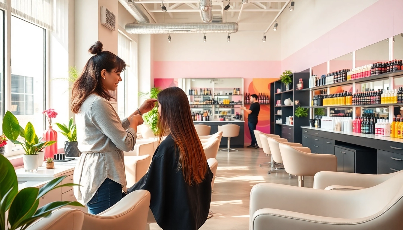 Dynamic view of a modern ヘアサロン with stylist and client, capturing creativity and professionalism.
