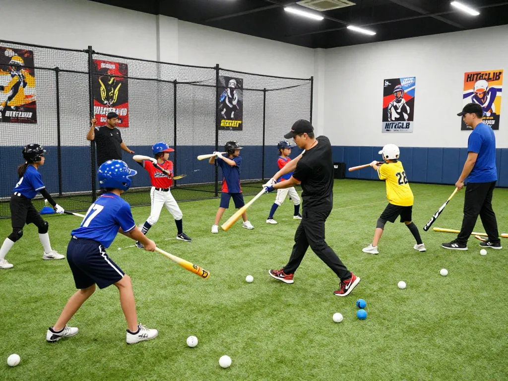 Hitclub baseball training session with young athletes practicing hitting skills in an energetic indoor facility