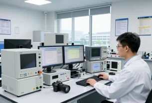 Technician performing ETSI-compliant EMC testing in a high-tech laboratory