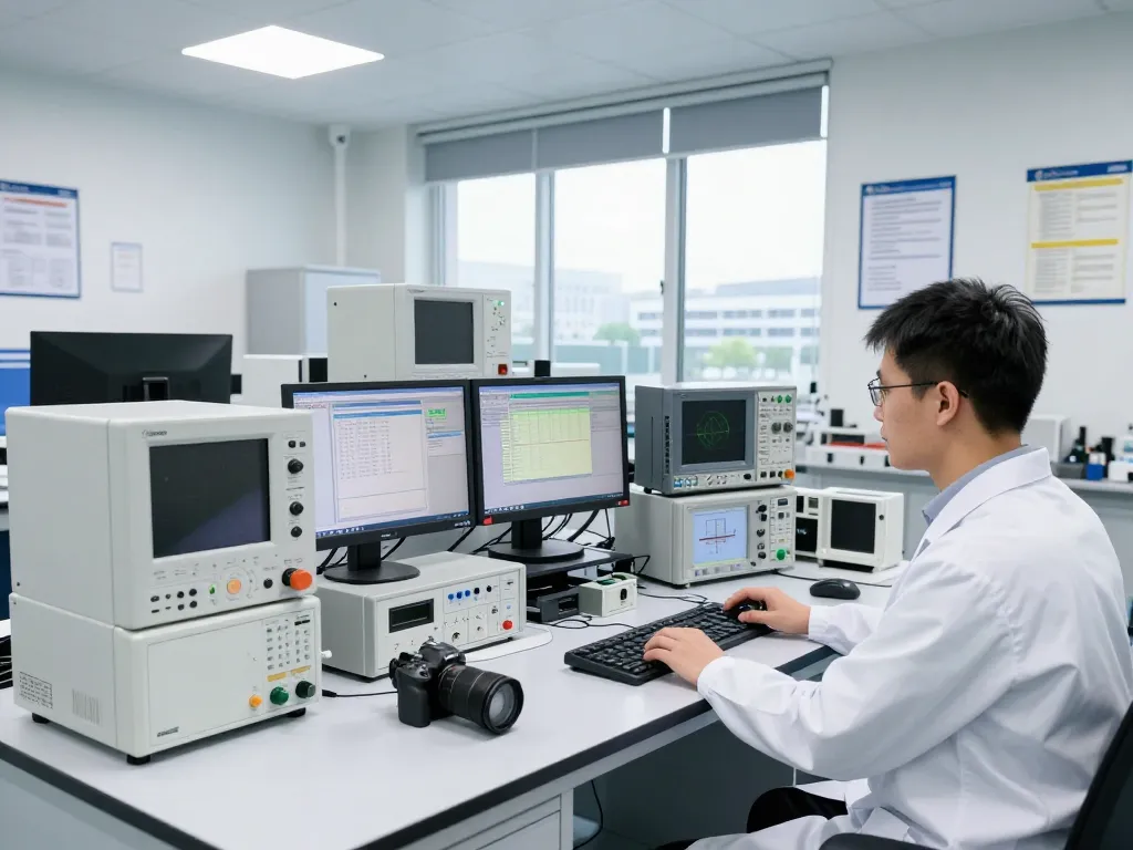 Technician performing ETSI-compliant EMC testing in a high-tech laboratory