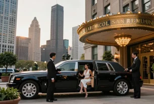 Luxury limousine service Plainfield Illinois with professional chauffeur at upscale hotel in Chicago