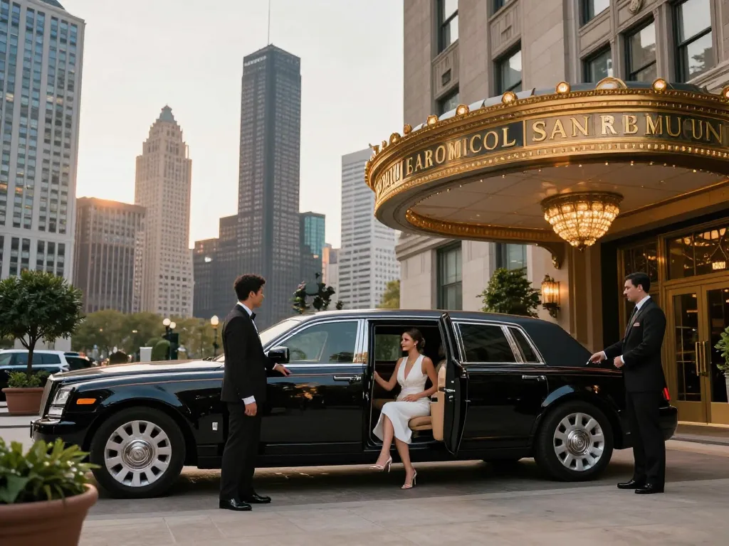 Luxury limousine service Plainfield Illinois with professional chauffeur at upscale hotel in Chicago