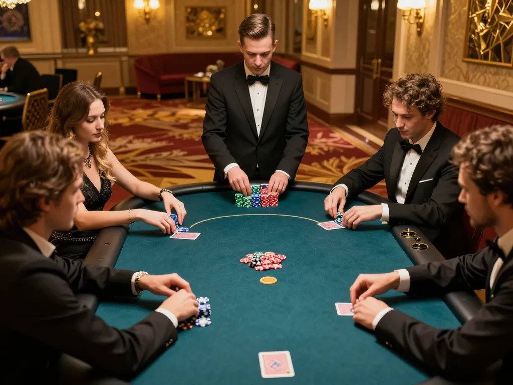 Players strategizing their bets at FC88's luxury poker table, capturing the essence of high-stakes excitement