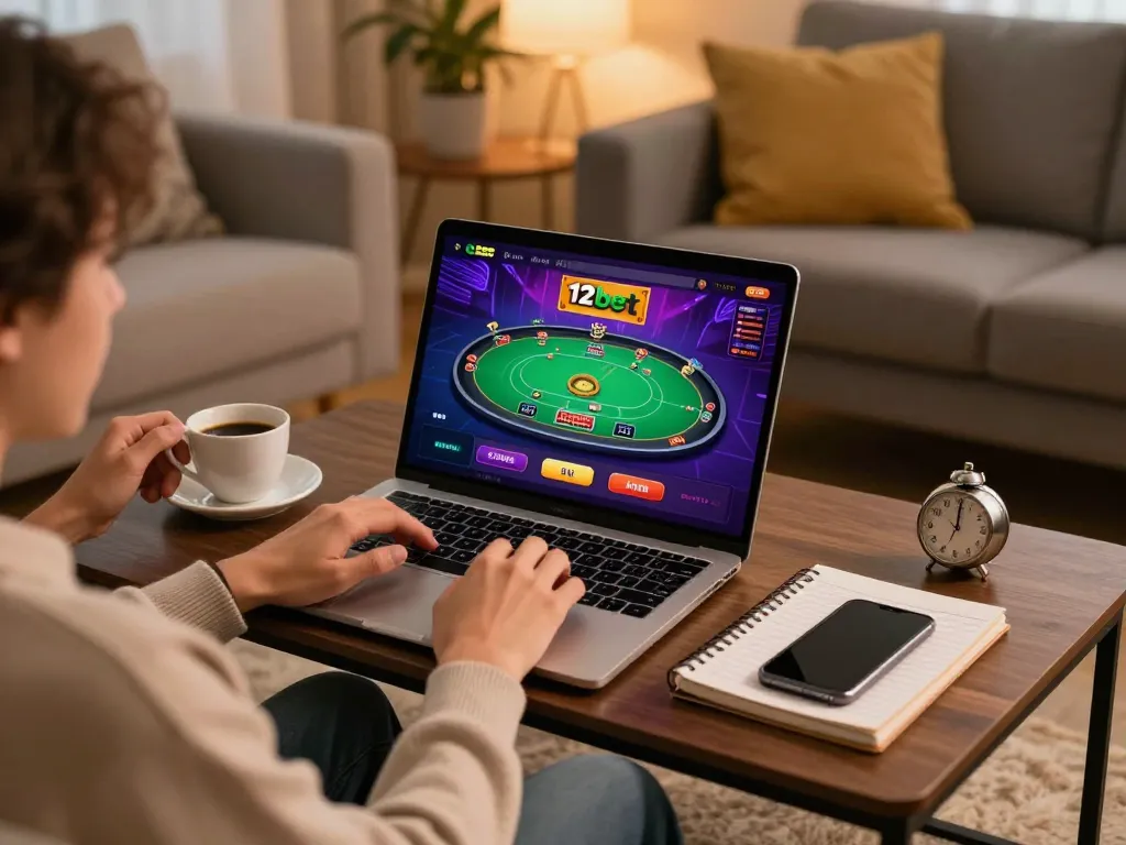 Cảnh trò chơi hấp dẫn với một người chơi sử dụng 12bet trên laptop trong phòng khách hiện đại cho giải trí sòng bạc trực tuyến
