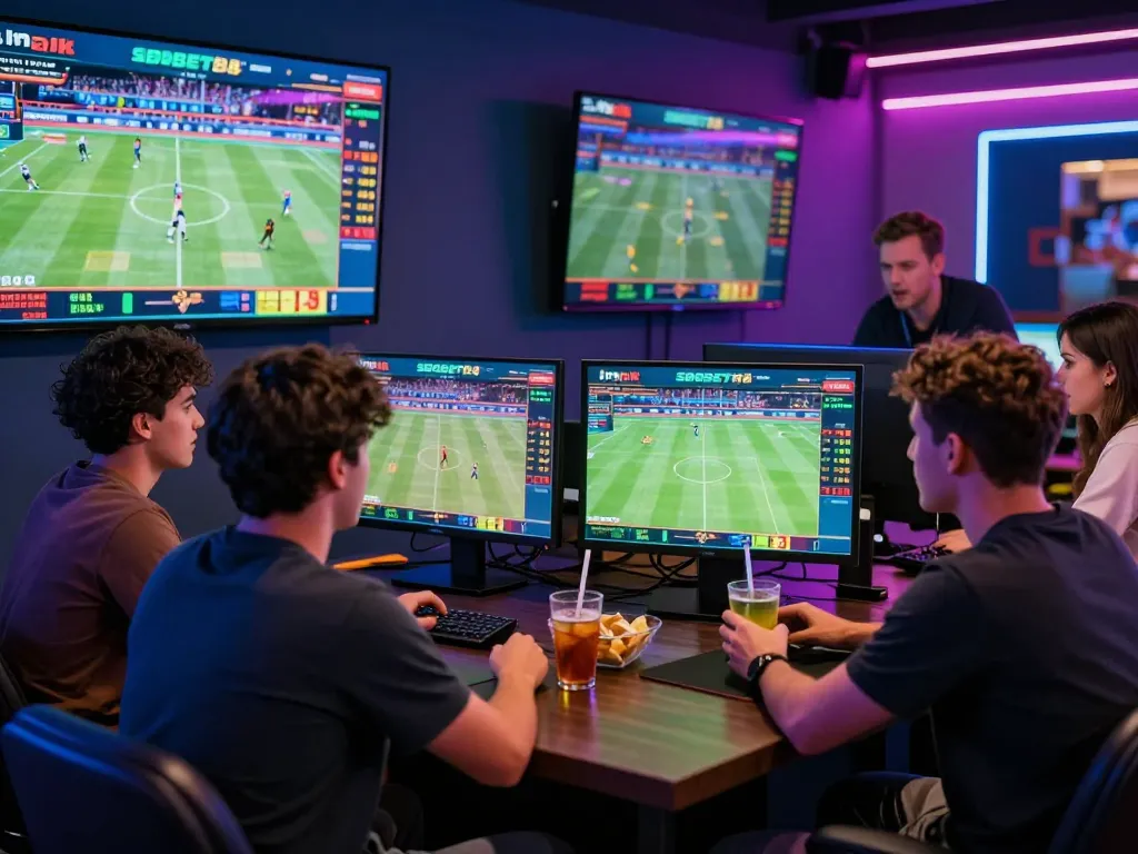SBOBET88 betting excitement with friends around screens showing live sports events.