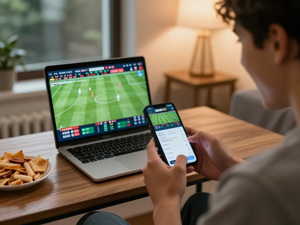 Pengguna SBOBET88 terlibat dengan aplikasi taruhan olahraga di smartphone dalam suasana rumah yang nyaman.