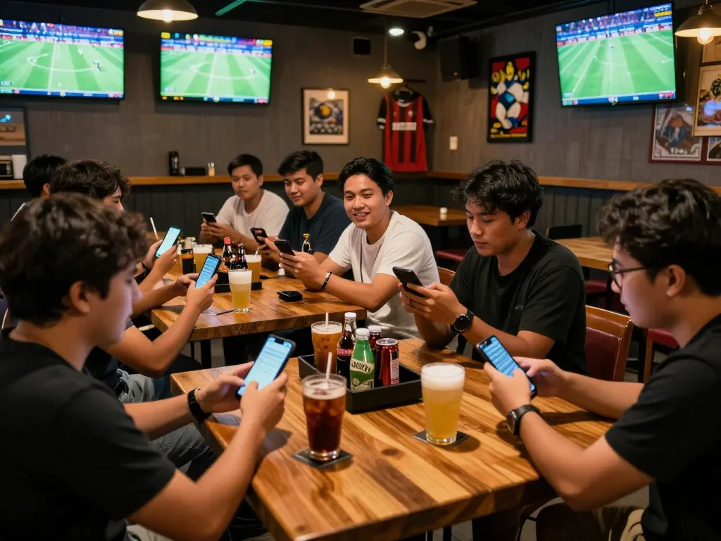 Sahabat yang terlibat dalam taruhan Judi Bola di bar olahraga yang ramai selama pertandingan, smartphone dan layar menampilkan permainan langsung