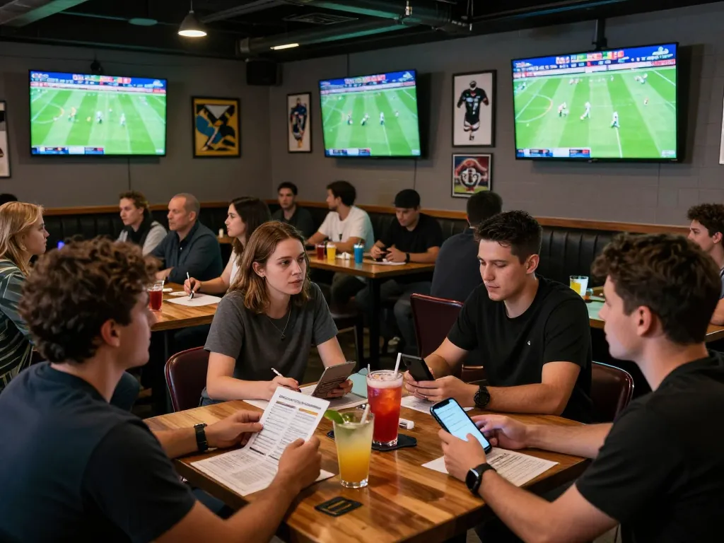 Fans engaged in live sports betting, using keonhacai app while watching a football match.