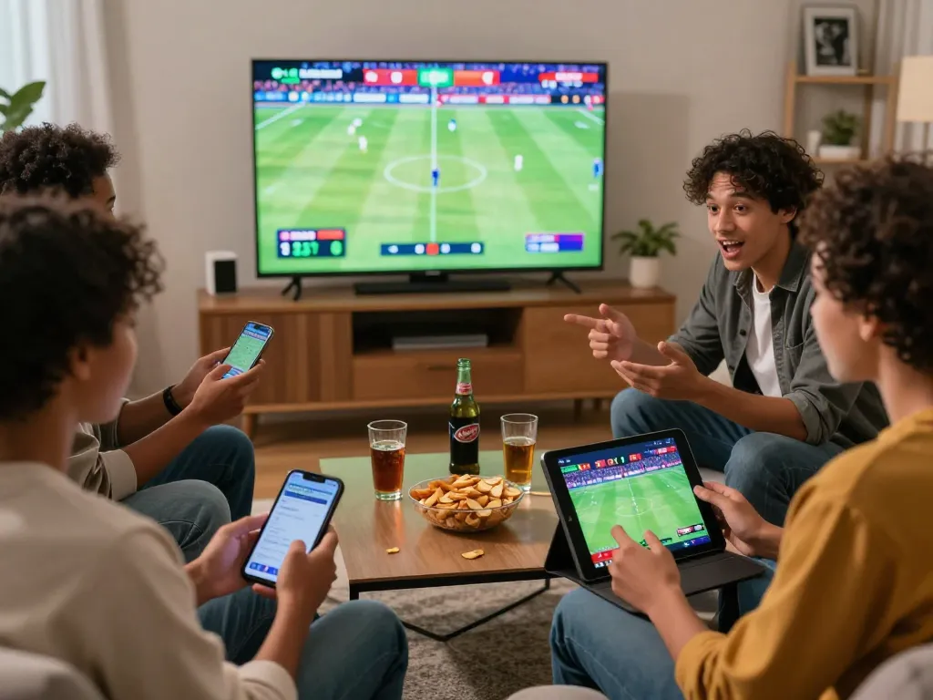 Friends engaged in SBOBET sports betting, strategizing and enjoying a lively living room atmosphere.