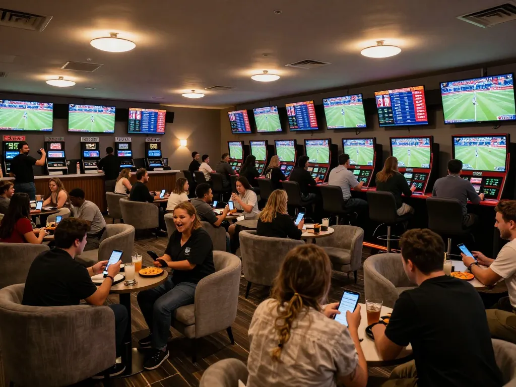 Spectators engaging in soi keo nha cai analysis in a vibrant sports betting lounge.