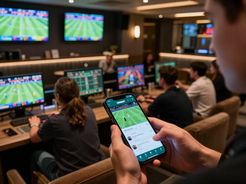 Aksi taruhan SBOBET di smartphone dalam lounge olahraga yang ramai dipenuhi penggemar.