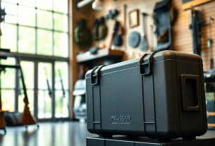 Buy a durable pelican gun case for sale, showcasing its robust features in a well-lit showroom.