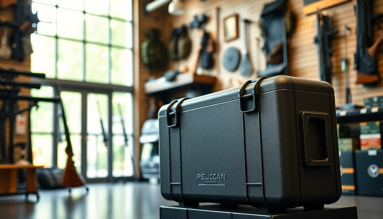 Buy a durable pelican gun case for sale, showcasing its robust features in a well-lit showroom.