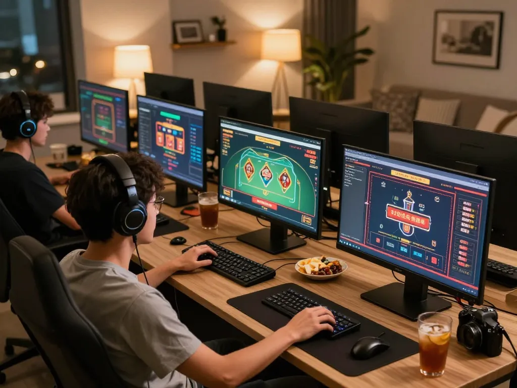 Engaged player using nhà cái fly88 for online gaming on multiple screens in a cozy home office