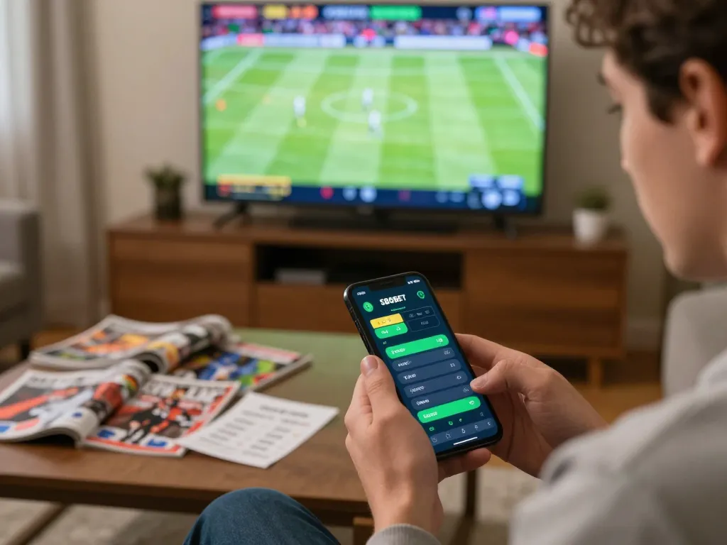 Aplikasi SBOBET ditampilkan di smartphone saat taruhan olahraga langsung, menekankan permainan yang mendebarkan.