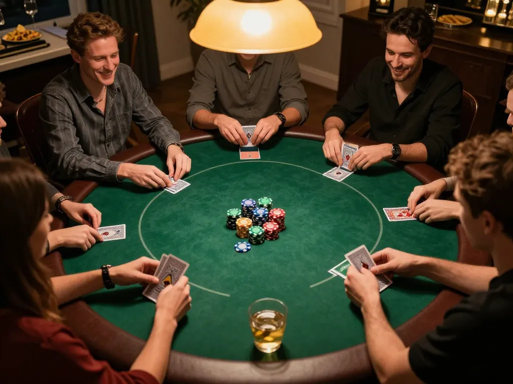 Players enjoying an intense poker game at home, mb66-t table filled with vibrant chips and cards.