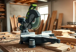 Cutting precise angles with the Festool compound miter saw in a workshop.