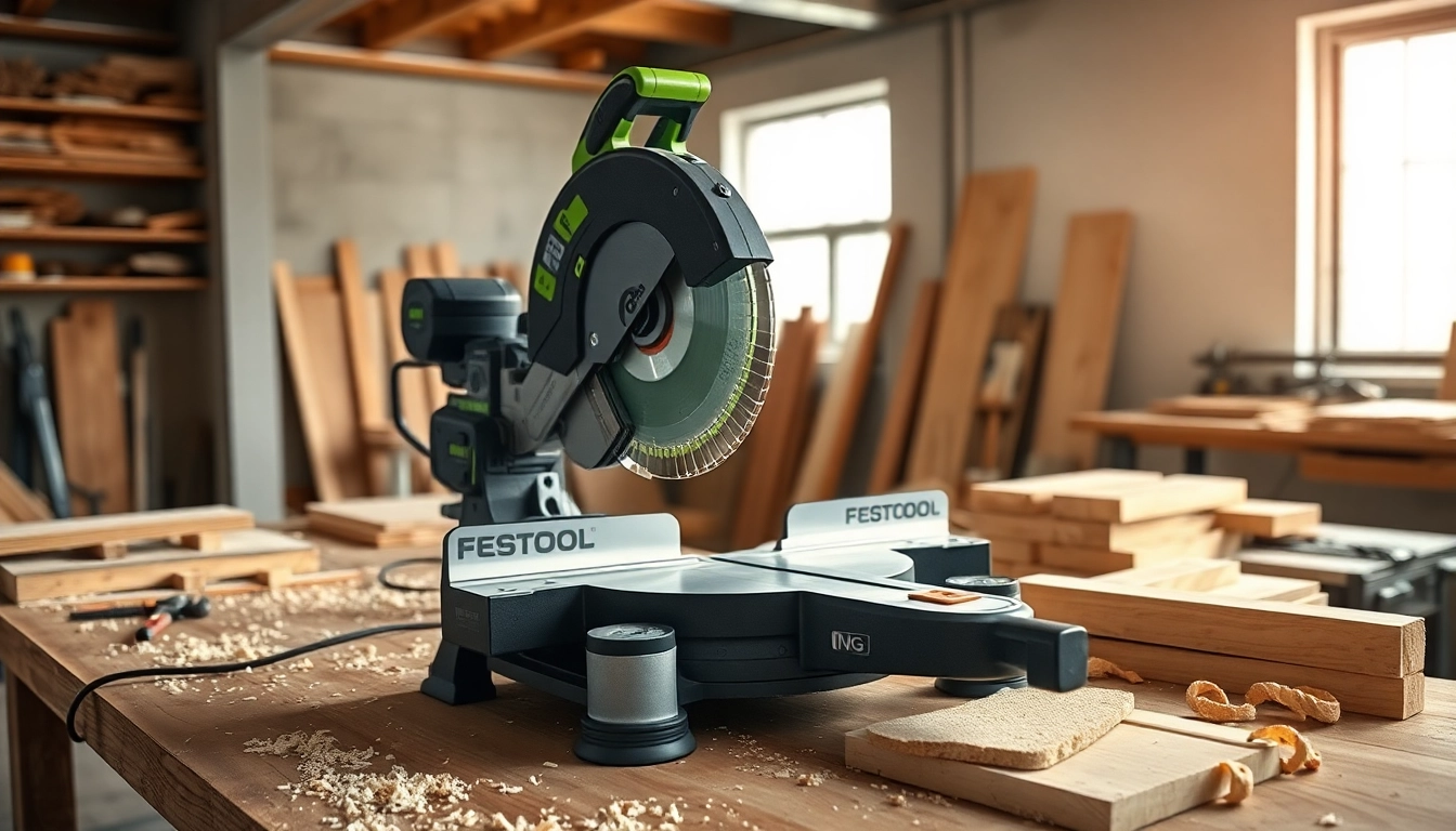Cutting precise angles with the Festool compound miter saw in a workshop.