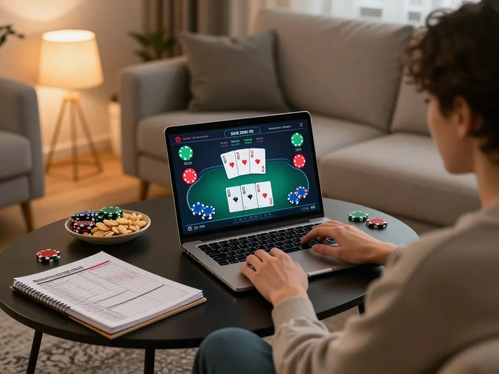 Engaging poker game on lv88 club laptop with strategic bankroll management tips visible
