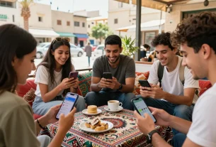 Dynamic دردشة فلسطين scene with diverse youth enjoying lively conversations in a cultural café setting.