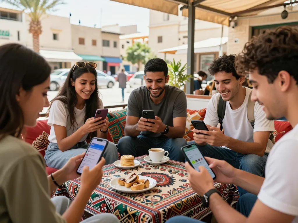 Dynamic دردشة فلسطين scene with diverse youth enjoying lively conversations in a cultural café setting.
