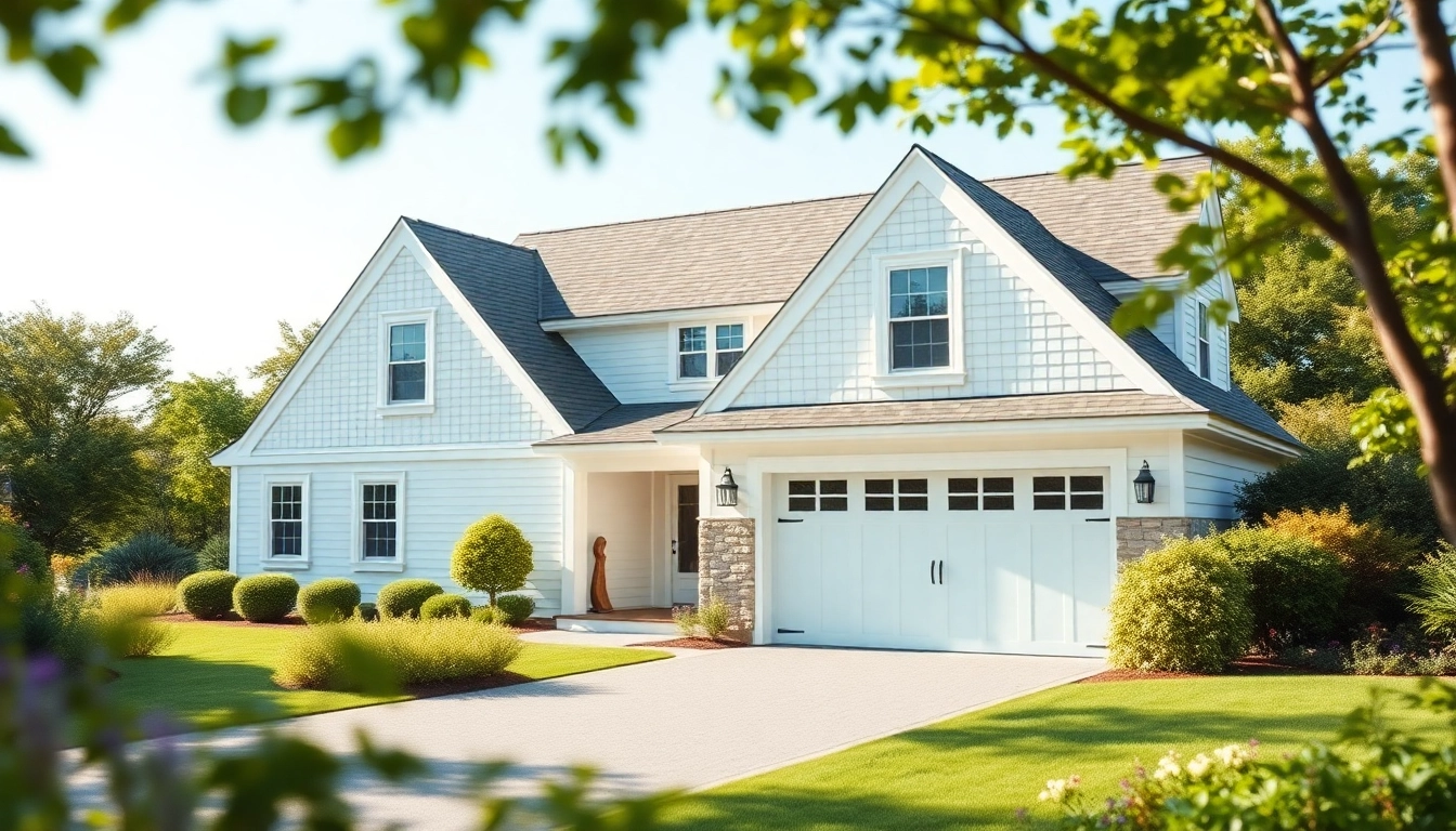 Cape Cod homes with an attached garage set against a picturesque coastal landscape.