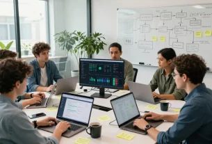 Software developers collaborating on n8n automation project in modern office setting