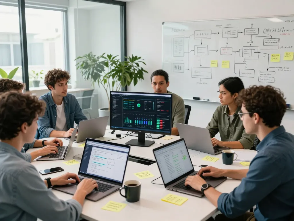 Software developers collaborating on n8n automation project in modern office setting