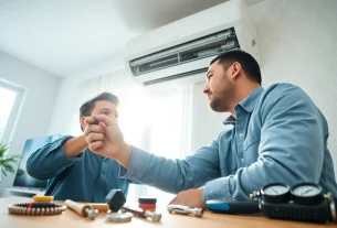 Professional performing Air Conditioning Repair Tampa in a modern living room.