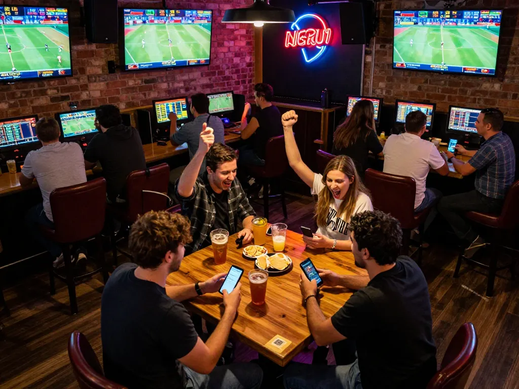 Engaged bettors using mobile devices for sports betting at uu88 com in a lively bar atmosphere