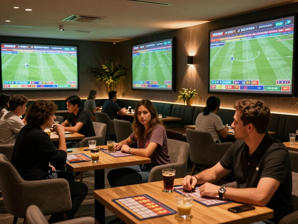 Penggemar olahraga SBOBET memasang taruhan di lounge mewah yang penuh dengan kegembiraan