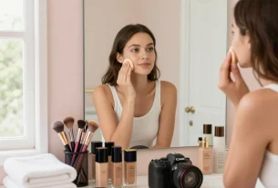 Applying the best foundation for oily skin in a modern bathroom setting with natural light.