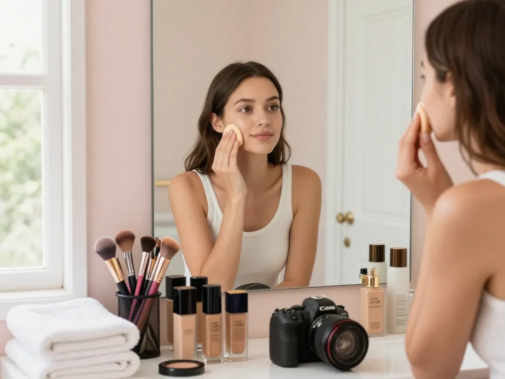 Applying the best foundation for oily skin in a modern bathroom setting with natural light.