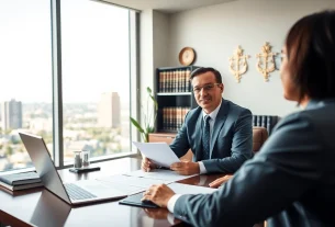 Clearwater truck accident lawyer consulting clients in a professional office environment.