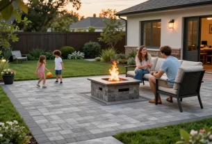 Pavers near me enhancing outdoor family gathering with cozy fire pit and stylish patio, showcasing quality hardscaping.