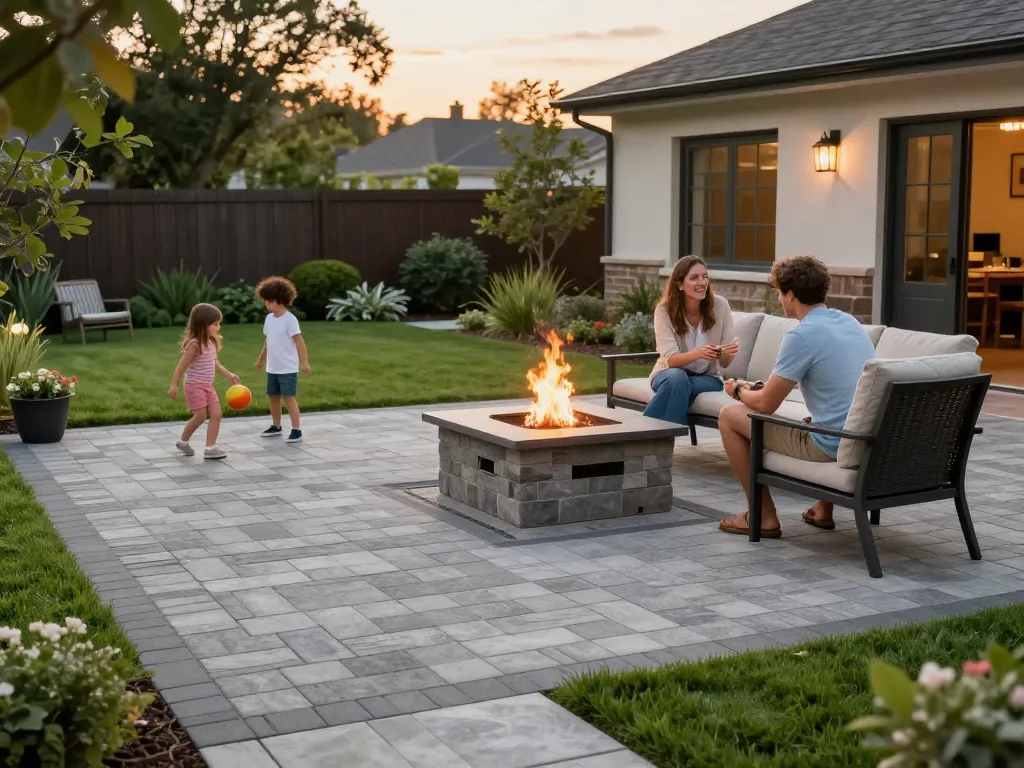 Pavers near me enhancing outdoor family gathering with cozy fire pit and stylish patio, showcasing quality hardscaping.