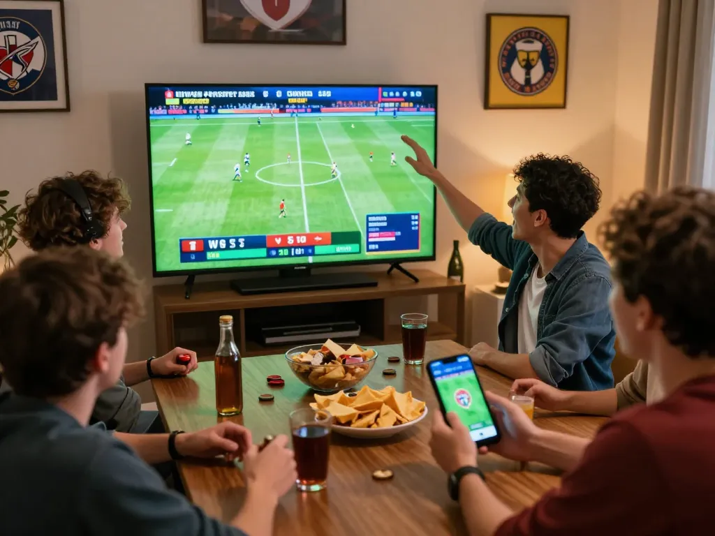 Bergembira bersama teman-teman menikmati judi bola sambil menonton pertandingan sepak bola langsung di TV