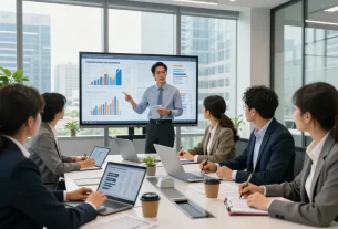 Team discussing large scale project financing strategies in a modern corporate office with digital displays.
